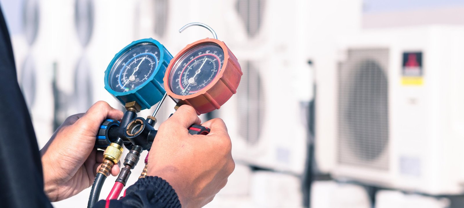 Refrigerant gauges in use beside outdoor units
